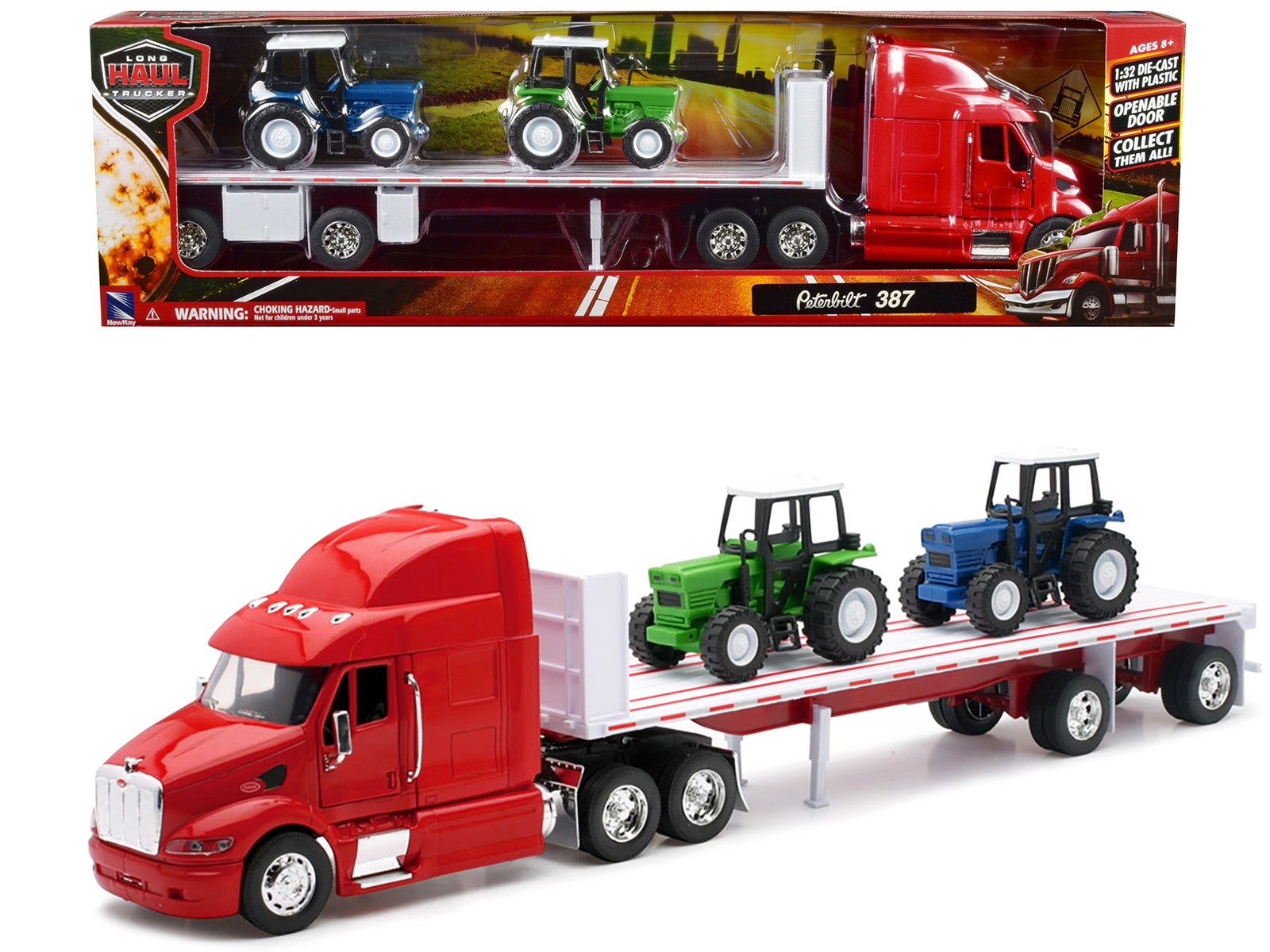 Peterbilt 387 Flatbed Truck Red with 2 Farm Tractors Blue and Green "Long Haul Trucker" Series 1/32 Diecast Model by New Ray New Ray