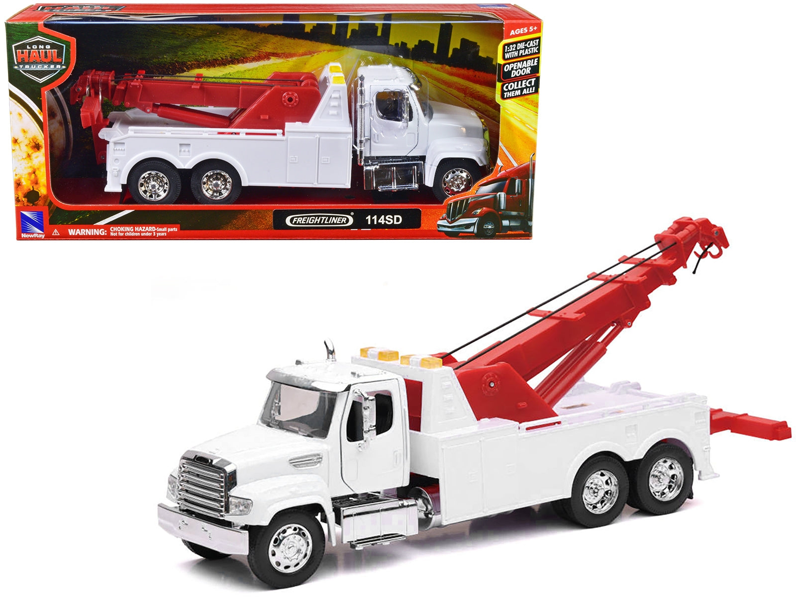 Freightliner 114SD Tow Truck White and Red "Long Haul Trucker" Series 1/32 Diecast Model by New Ray New Ray