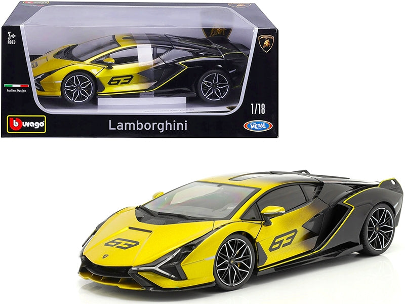 Lamborghini Sian FKP 37 #63 Yellow Metallic and Black 1/18 Diecast Model Car by Bburago Bburago