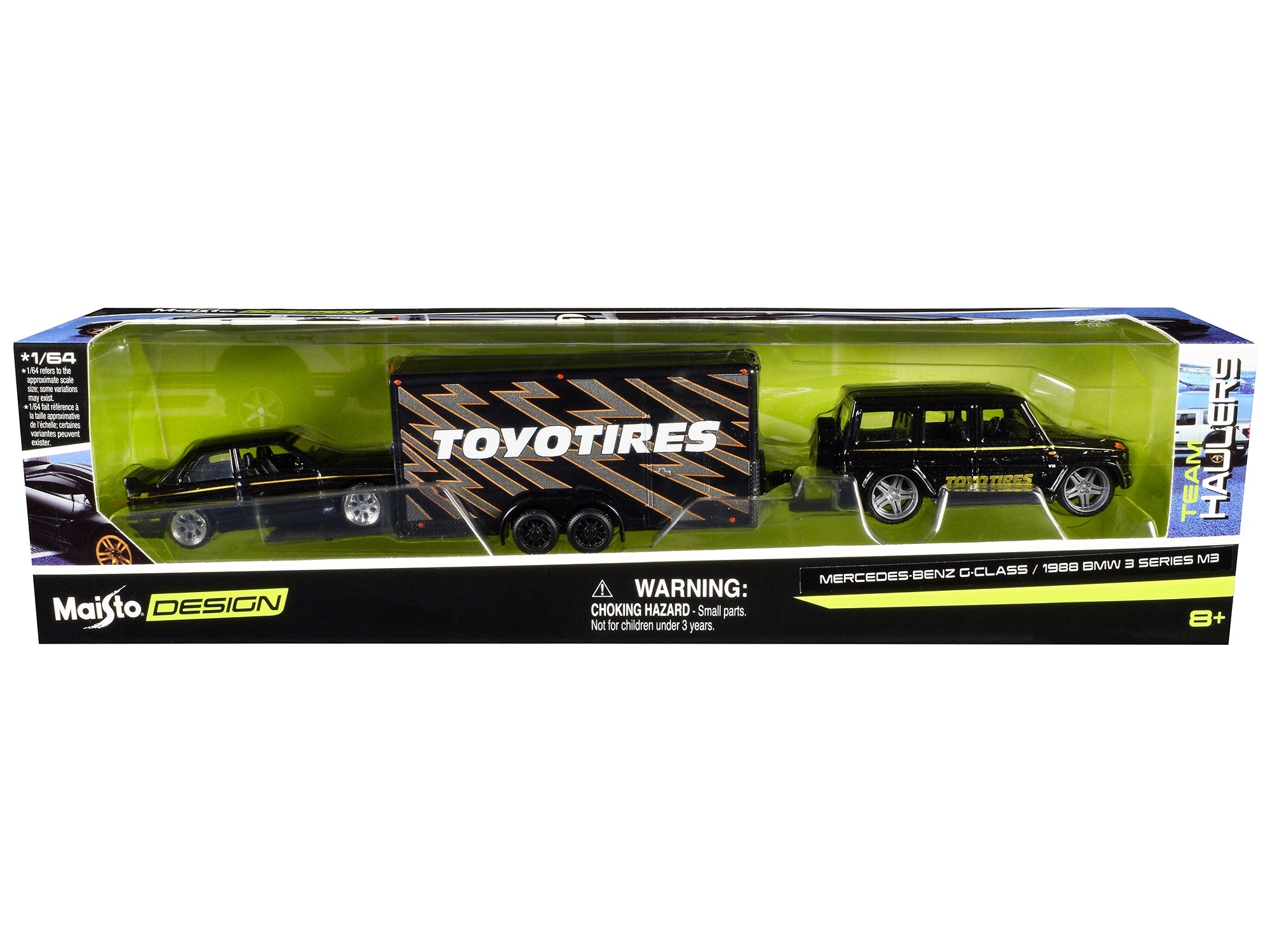 Mercedes-Benz G-Class Black with Gold Stripes and 1988 BMW 3 Series M3 Black with Gold Stripes with Enclosed Car Trailer "Toyo Tires" "Team Haulers" Series 1/64 Diecast Model Cars by Maisto Maisto