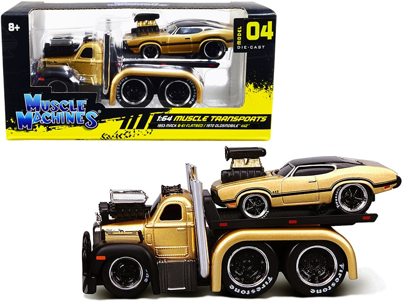 1953 Mack B-61 Flatbed Truck Gold and 1970 Oldsmobile 442 Gold with Black Top and Stripes "Muscle Transports" 1/64 Diecast Model Cars by Muscle Machines Muscle Machines