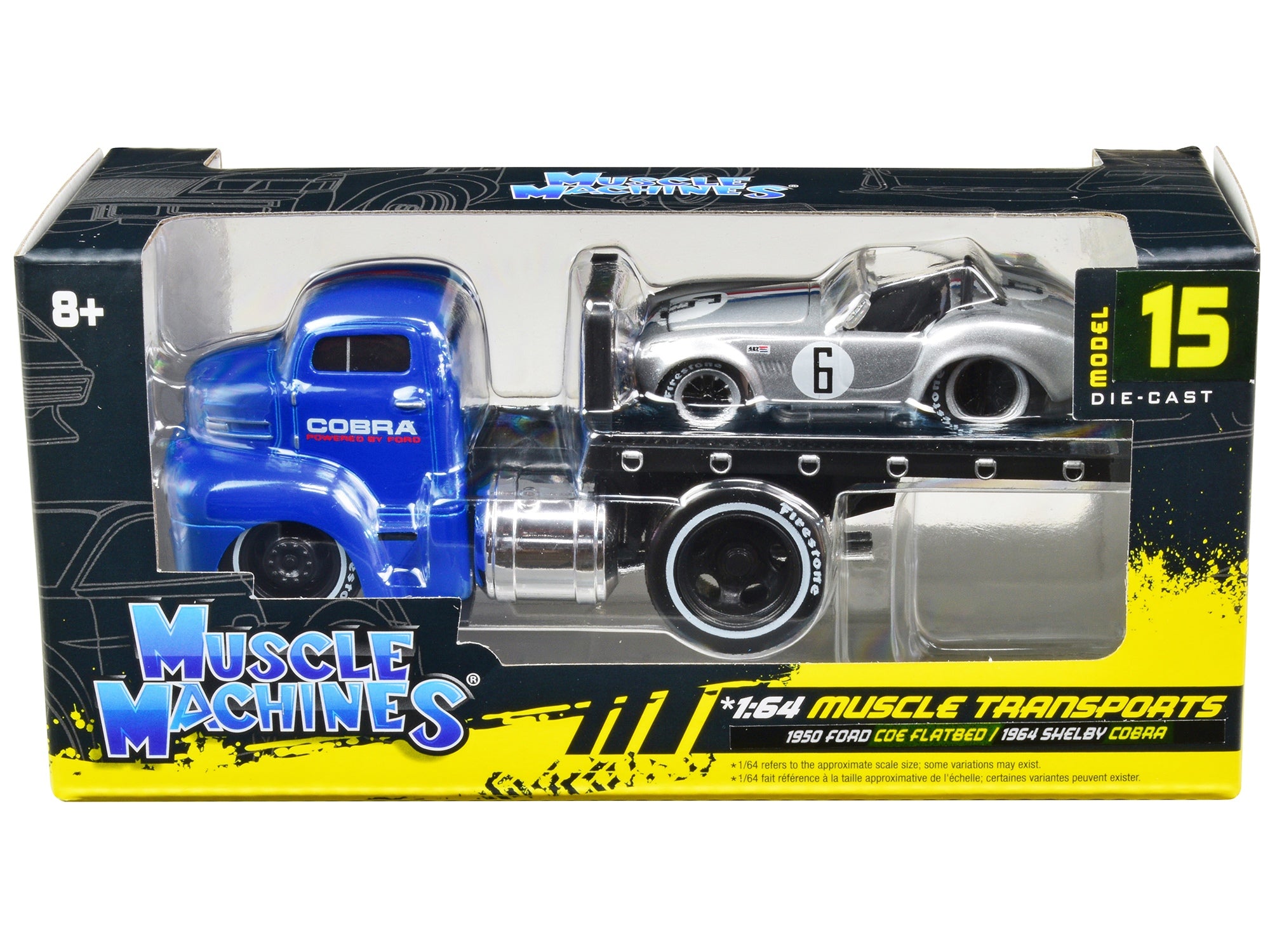 1950 Ford COE Flatbed Truck Blue "Cobra Powered by Ford" and 1964 Shelby Cobra #6 Silver Metallic with Stripes "Muscle Transports" Series 1/64 Diecast Model Cars by Muscle Machines Muscle Machines