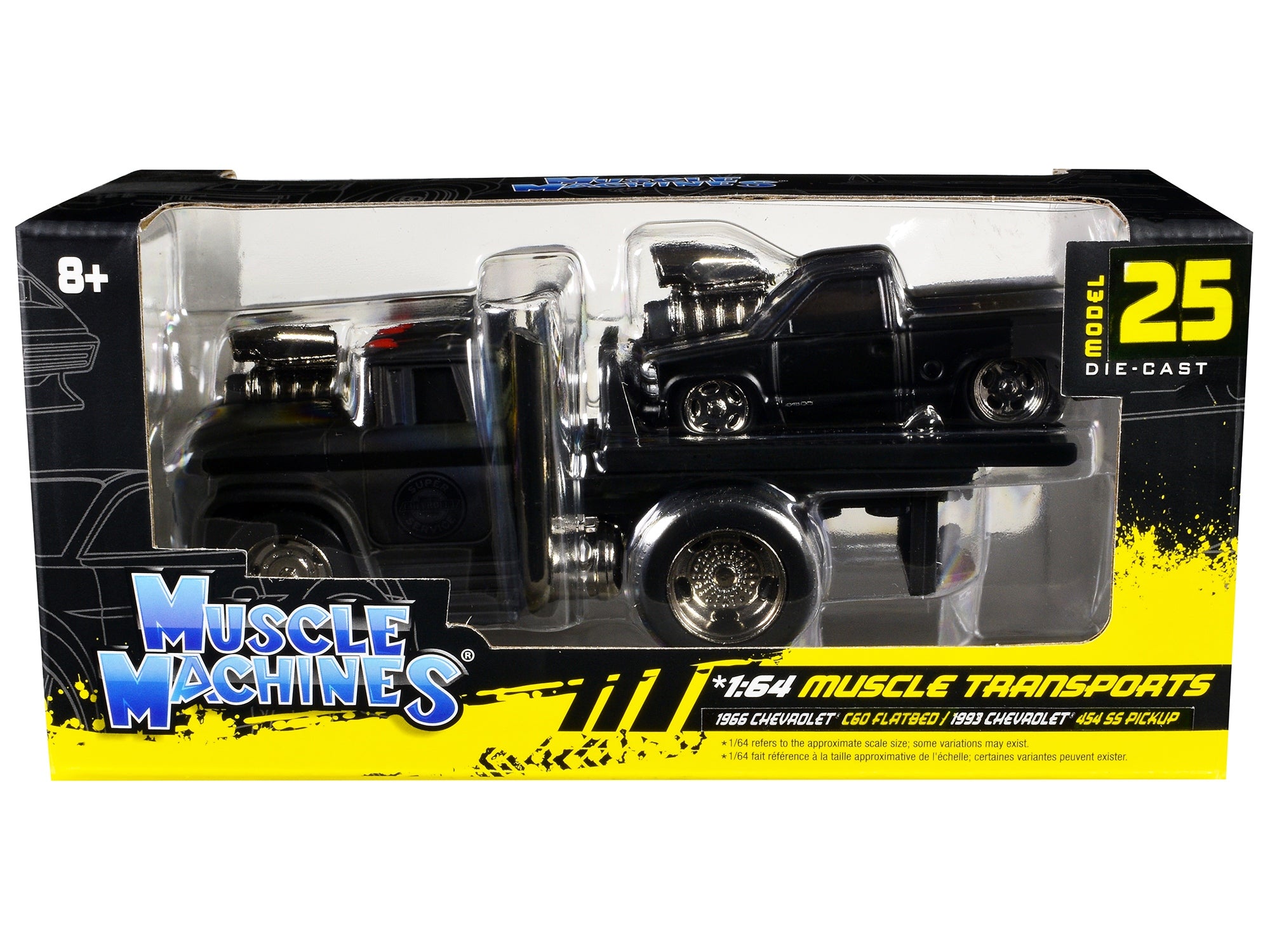 1966 Chevrolet C60 Flatbed Truck Matt Black and 1993 Chevrolet 454 SS Pickup Truck Matt Black "Muscle Transports" Series 1/64 Diecast Models by Muscle Machines Muscle Machines