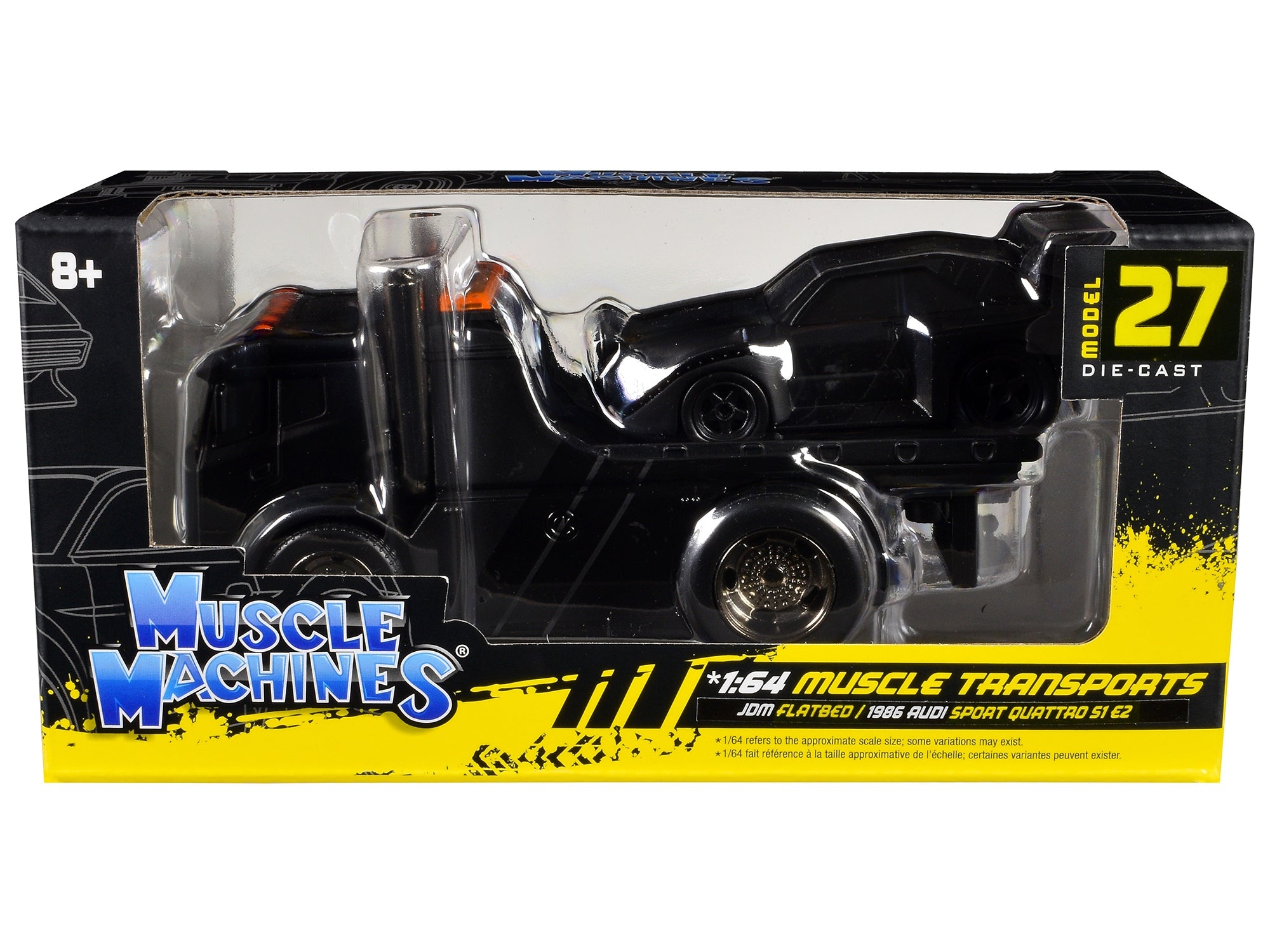 JDM Flatbed Truck Matt Black and 1986 Audi Sport Quattro S1 E2 Matt Black "Muscle Transports" Series 1/64 Diecast Models by Muscle Machines Muscle Machines