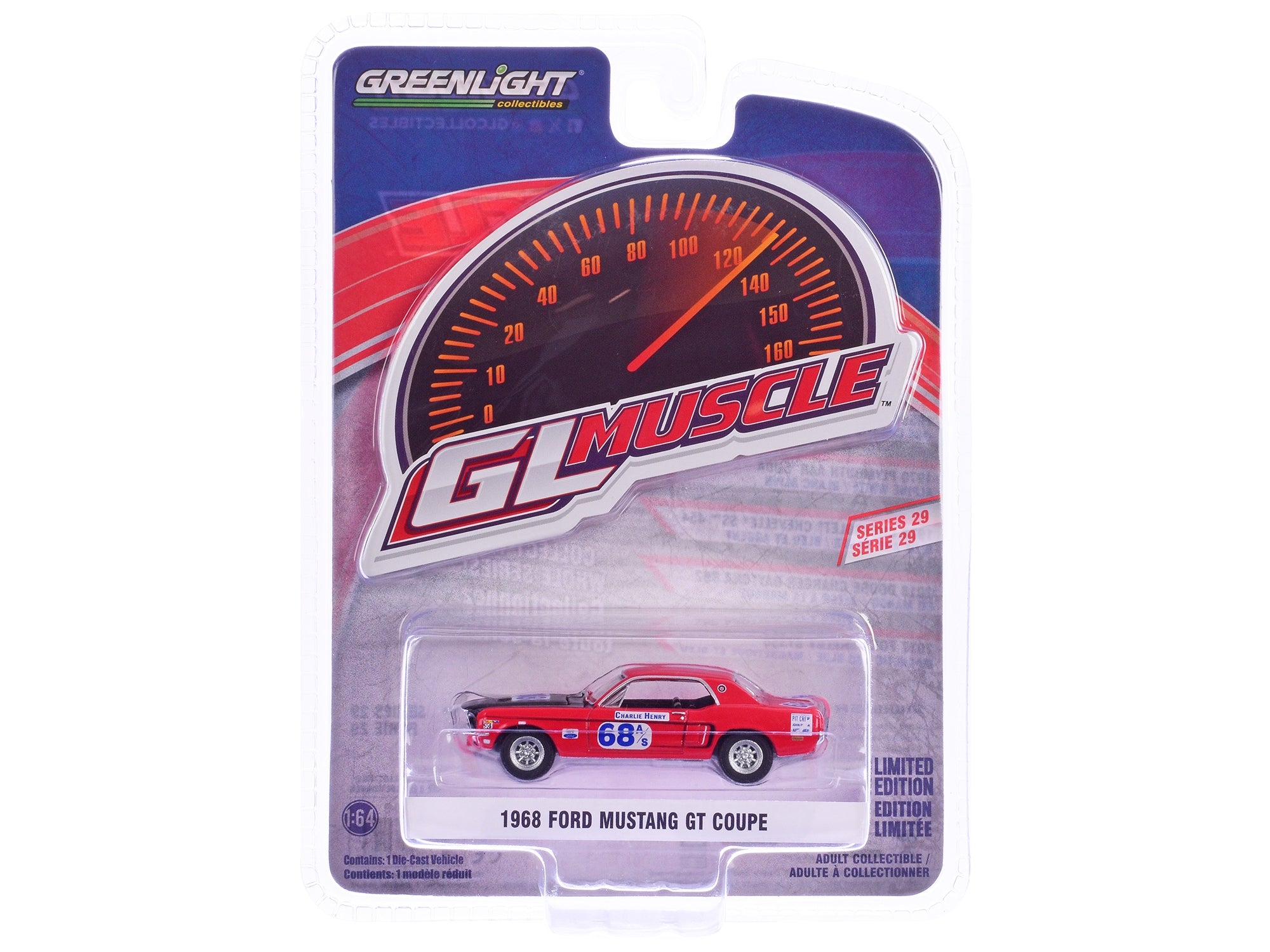 1968 Ford Mustang GT Coupe #68 "Charlie Henry Race Car" Red "GreenLight Muscle" Series 29 1/64 Diecast Model Car by Greenlight Greenlight