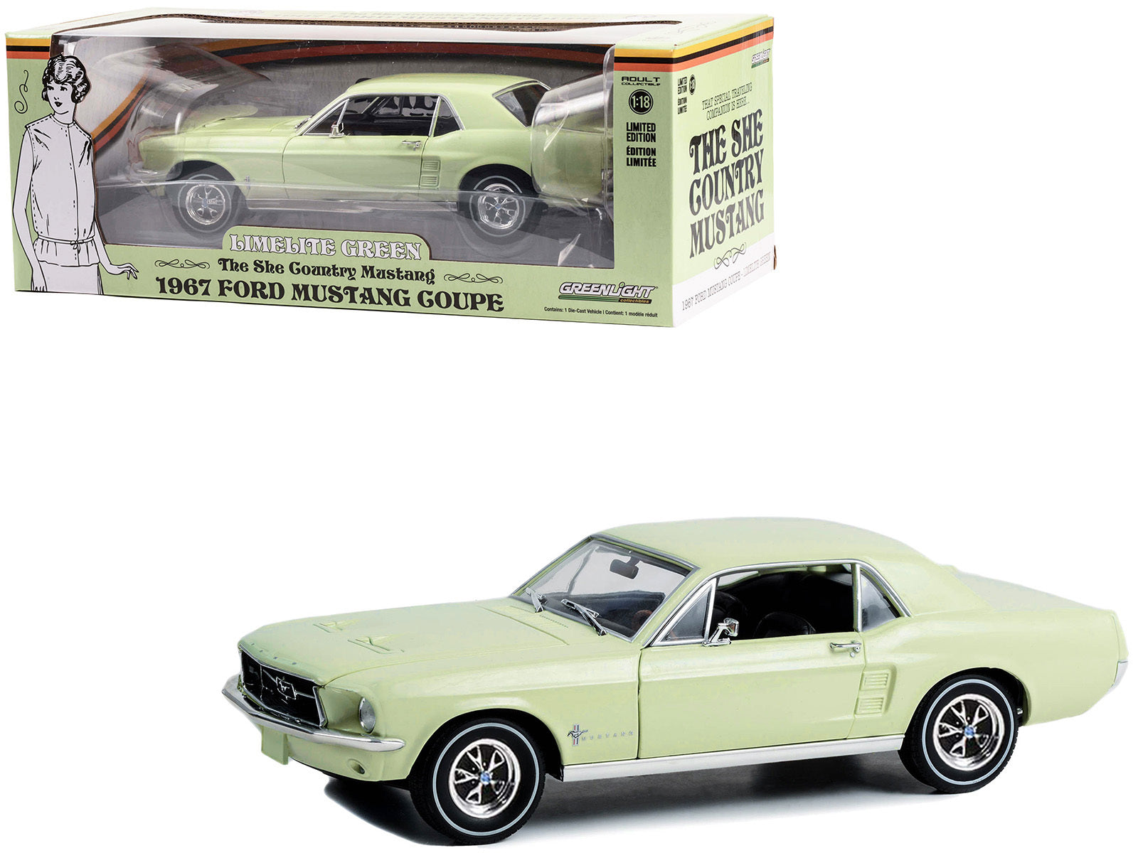 1967 Ford Mustang Coupe Limelite Green Metallic "She Country Special - Bill Goodro Ford Denver Colorado" 1/18 Diecast Model Car by Greenlight Greenlight