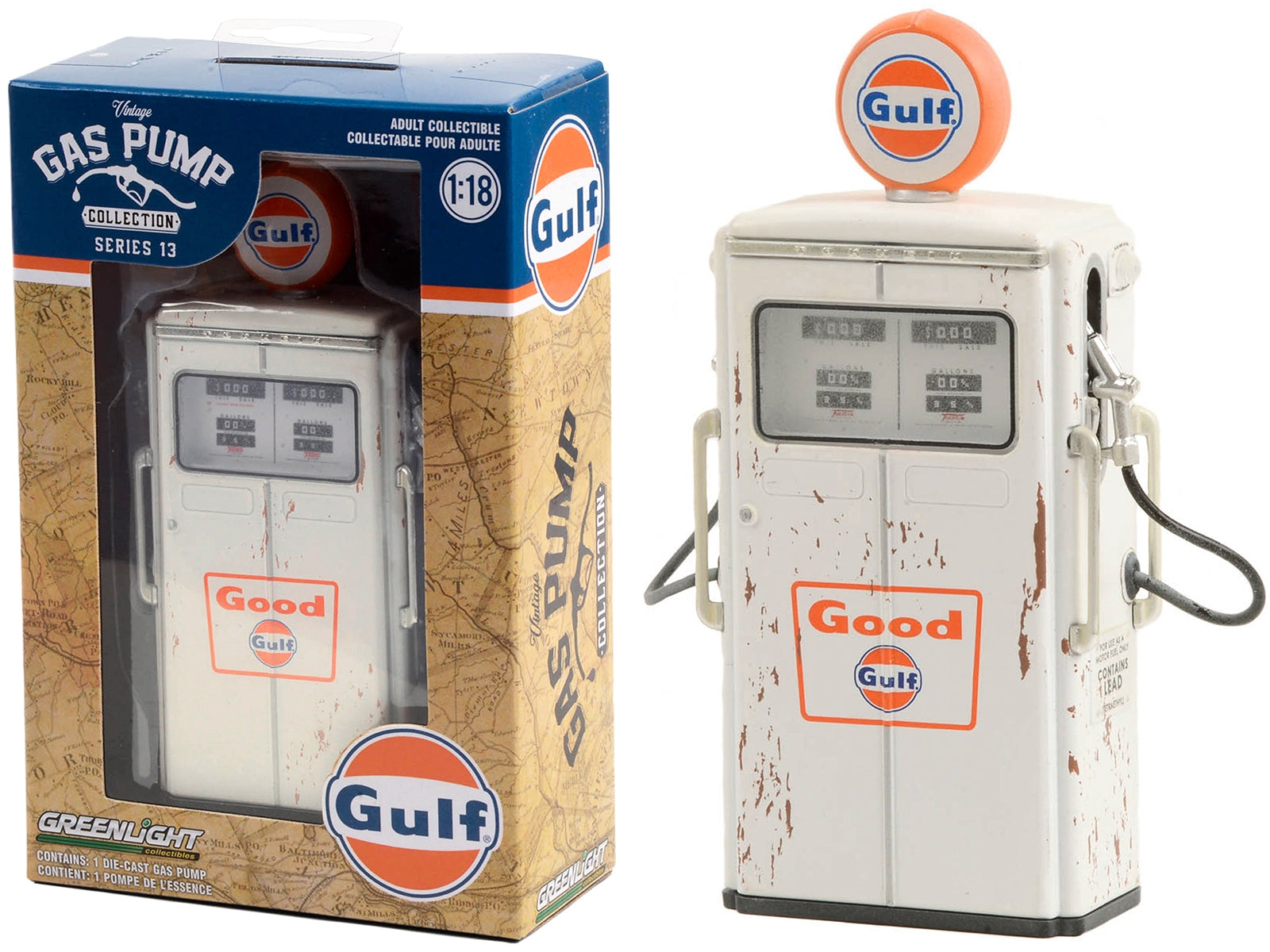 1954 Tokheim 350 Twin Gas Pump "Good Gulf - Gulf Oil" White (Weathered) "Vintage Gas Pumps" Series 13 1/18 Diecast Model by Greenlight Greenlight