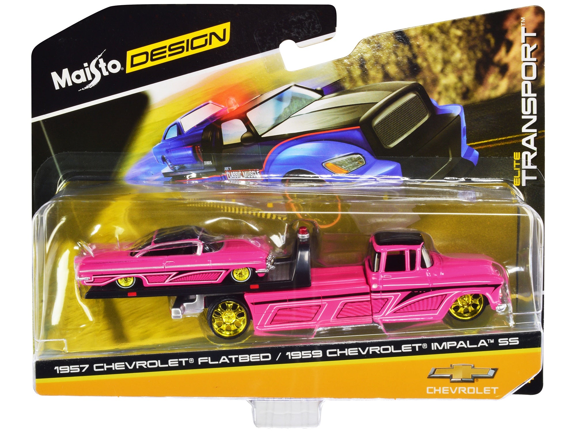 1957 Chevrolet Flatbed Truck and 1959 Chevrolet Impala SS Hot Pink with Black Top and Graphics "Elite Transport" Series 1/64 Diecast Models by Maisto Maisto