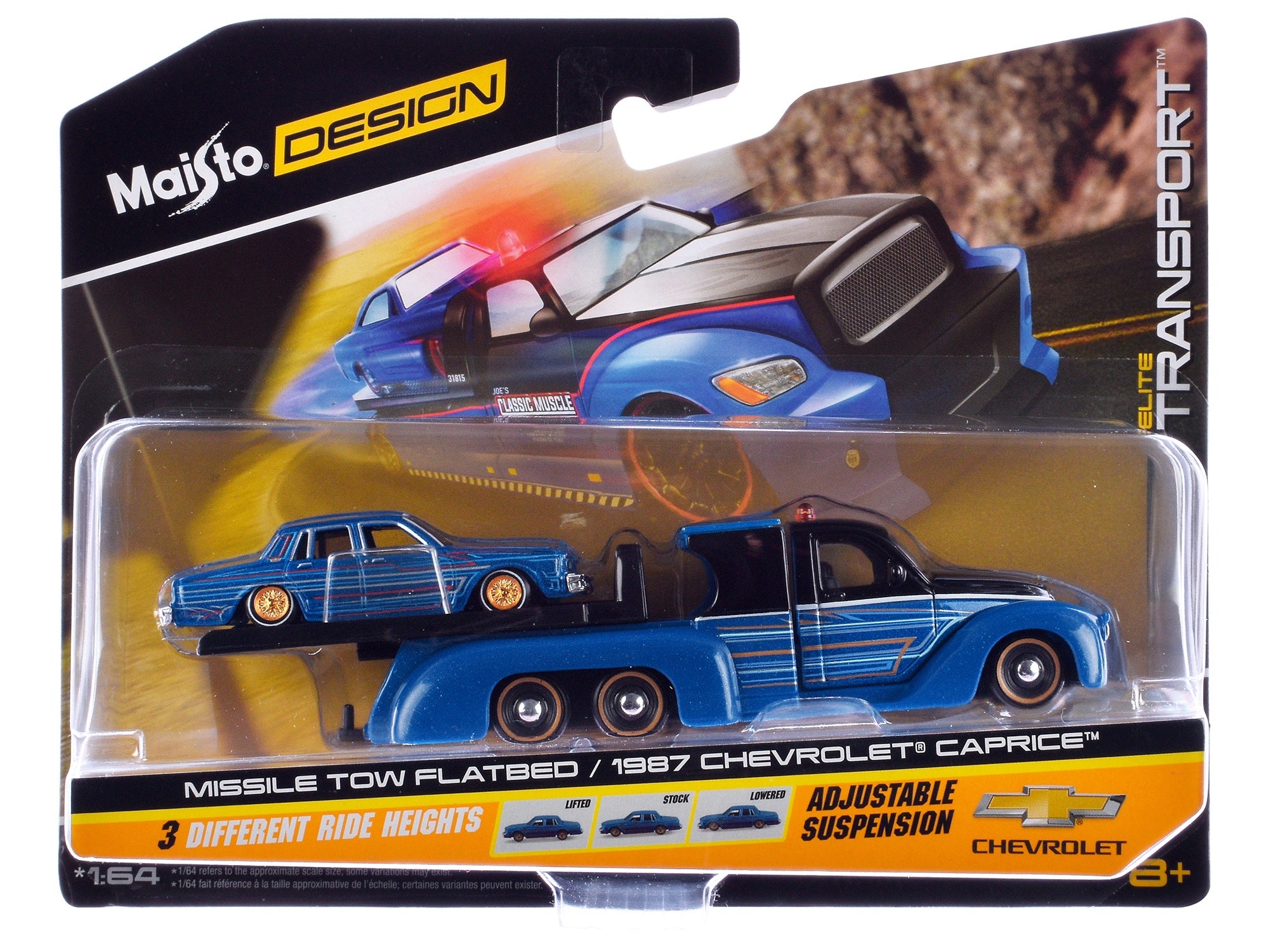 Missile Tow Flatbed Truck Blue Metallic and Black with Graphics and 1987 Chevrolet Caprice Lowrider Blue Metallic with Graphics "Elite Transport" Series 1/64 Diecast Models by Maisto Maisto