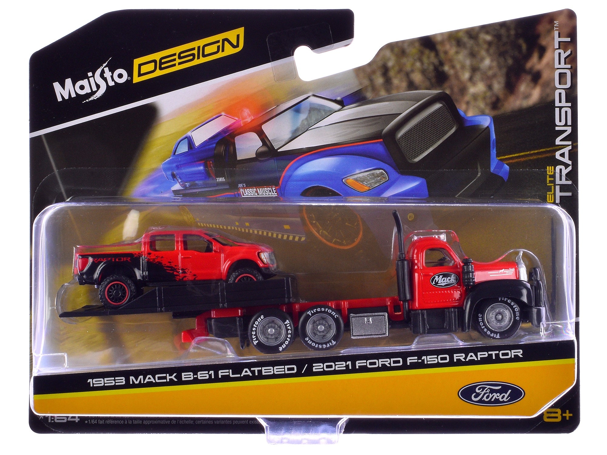 1953 Mack B-61 Flatbed Truck Red with Black and 2021 Ford F-150 Raptor Pickup Truck Red and Black "Elite Transport" Series 1/64 Diecast Models by Maisto Maisto