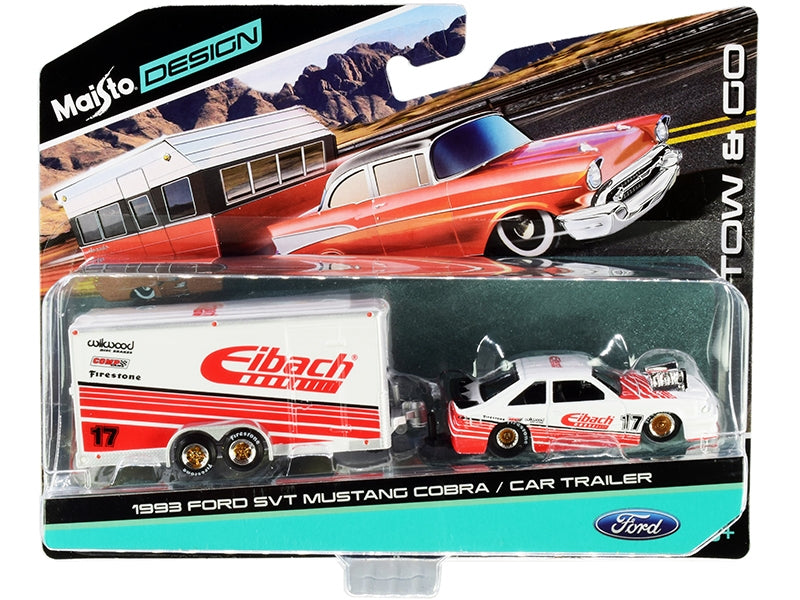 1993 Ford SVT Mustang Cobra #17 with Enclosed Car Trailer "Eibach" White with Red Stripes "Tow & Go" Series 1/64 Diecast Model Cars by Maisto Maisto