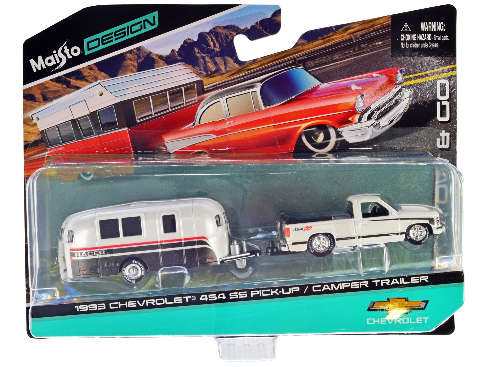 1993 Chevrolet 454 SS Pickup Truck White Metallic with Black Graphics and Camper Trailer White Metallic and Black "Tow & Go" Series 1/64 Diecast Model by Maisto Maisto