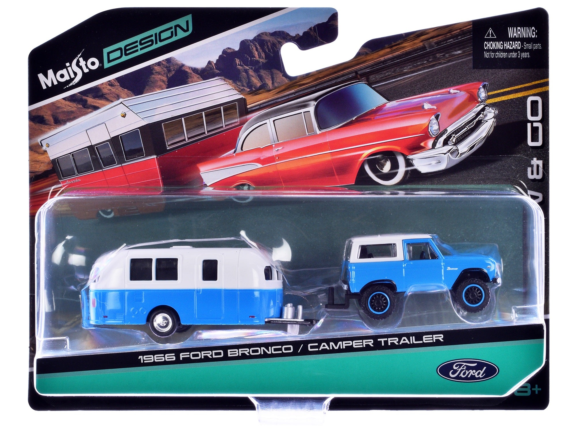 1966 Ford Bronco Blue with White Top and Camper Trailer Blue and White "Tow & Go" Series 1/64 Diecast Model Car by Maisto Maisto