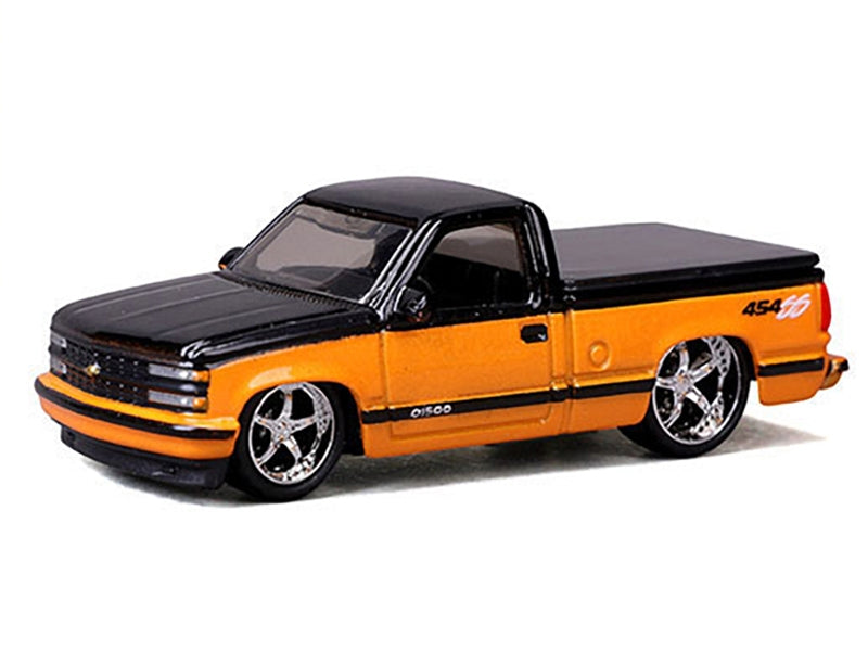 1993 Chevrolet 454 SS Pickup Truck Black and Orange Metallic "Maisto Design" Series 1/64 Diecast Model Car by Maisto Maisto