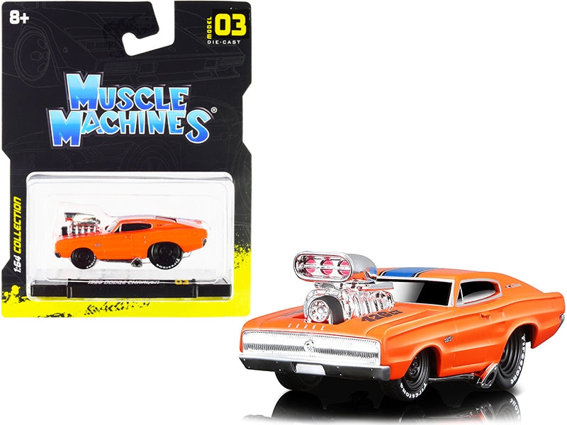 1966 Dodge Charger 426 C.I. Orange with Blue Stripe 1/64 Diecast Model Car by Muscle Machines Muscle Machines