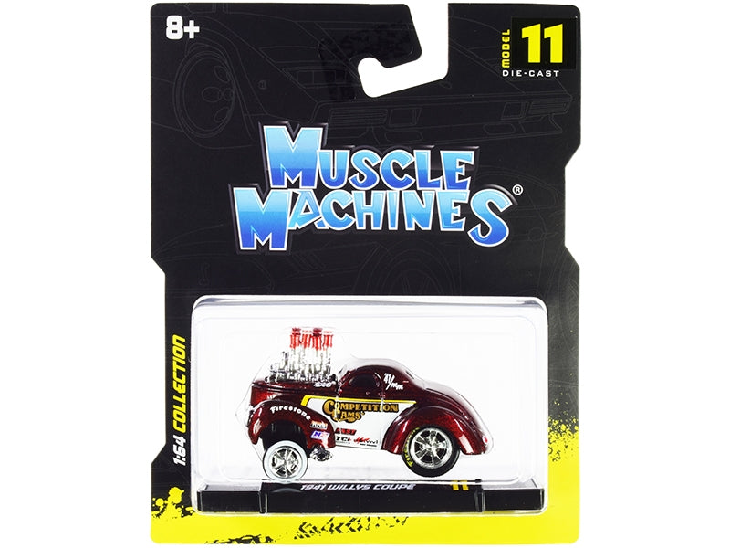 1941 Willys Coupe Gasser "Competition Cams" Red Metallic and White 1/64 Diecast Model Car by Muscle Machines Muscle Machines