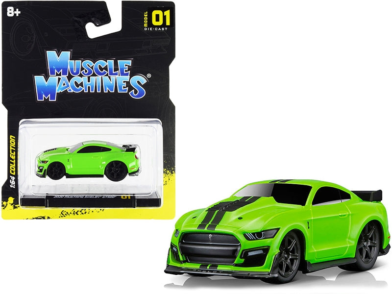 2020 Ford Mustang Shelby GT500 Bright Green with Black Stripes 1/64 Diecast Model Car by Muscle Machines Muscle Machines