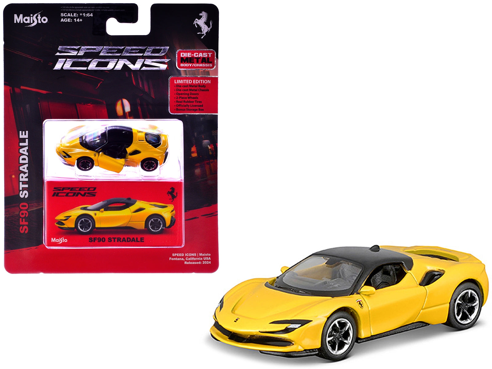 Ferrari SF90 Stradale Yellow with Black Top "Speed Icons" Series 1/64 Diecast Model Car by Maisto Maisto