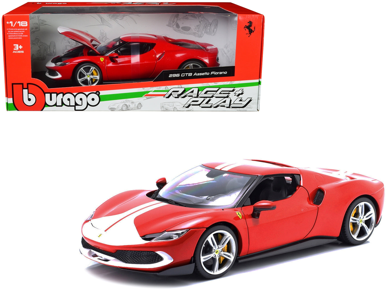 Ferrari 296 GTB Assetto Fiorano Red with White Stripes "Race + Play" Series 1/18 Diecast Model Car by Bburago Bburago