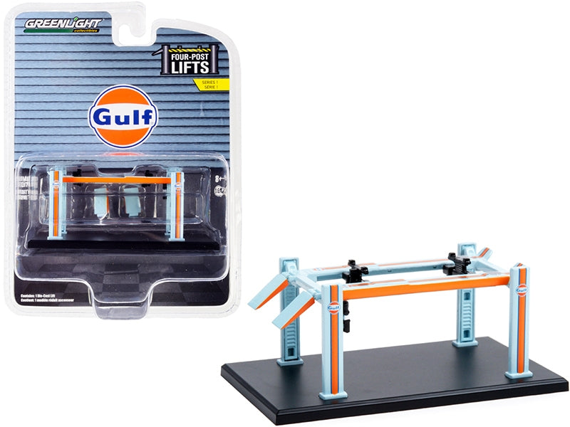 Adjustable Four-Post Lift "Gulf Oil" Light Blue and Orange "Four-Post Lifts" Series 1 1/64 Diecast Model by Greenlight Greenlight