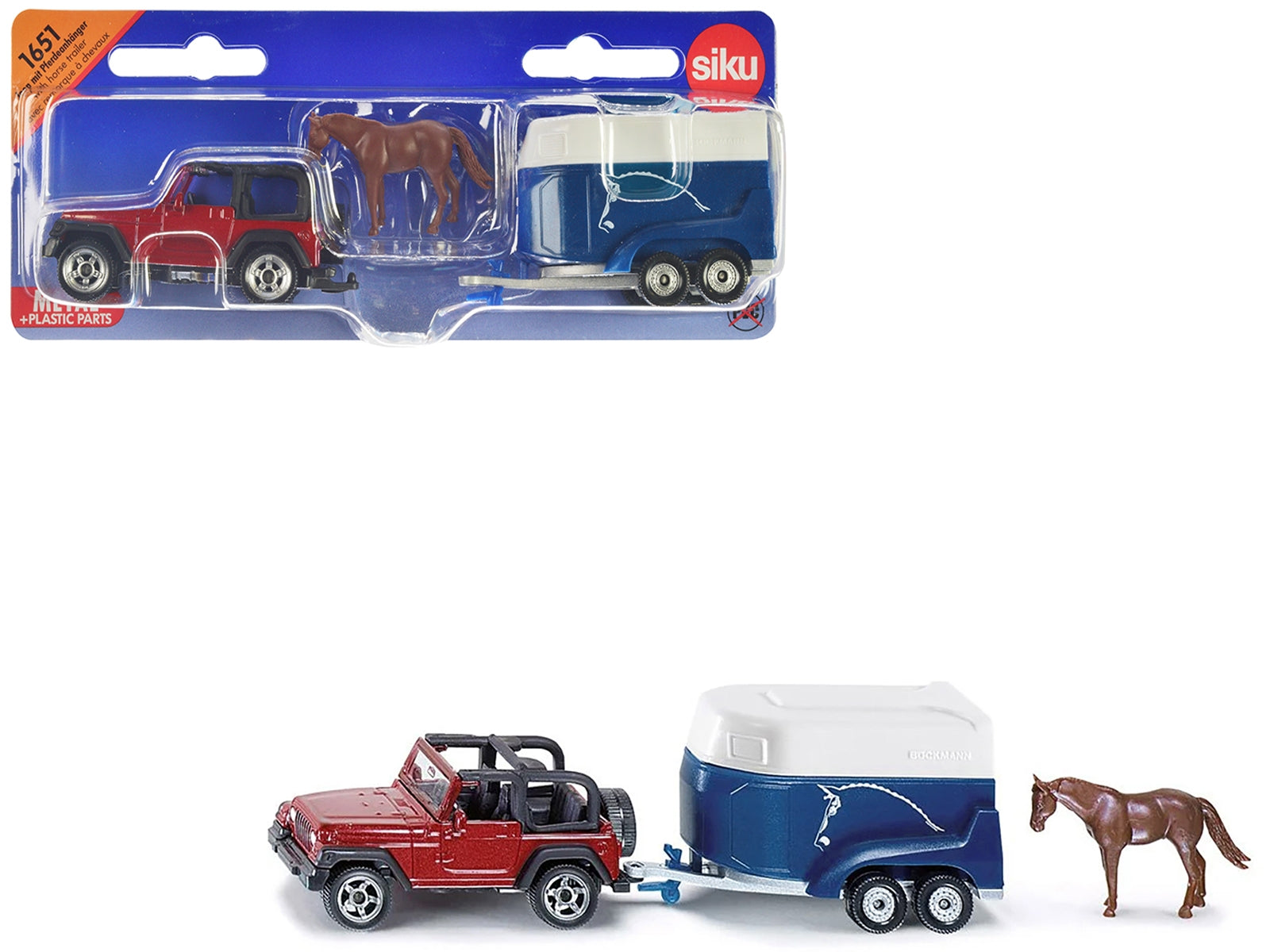 Jeep Red with Horse Trailer Blue and Horse Accessory Diecast Model by Siku SIKU