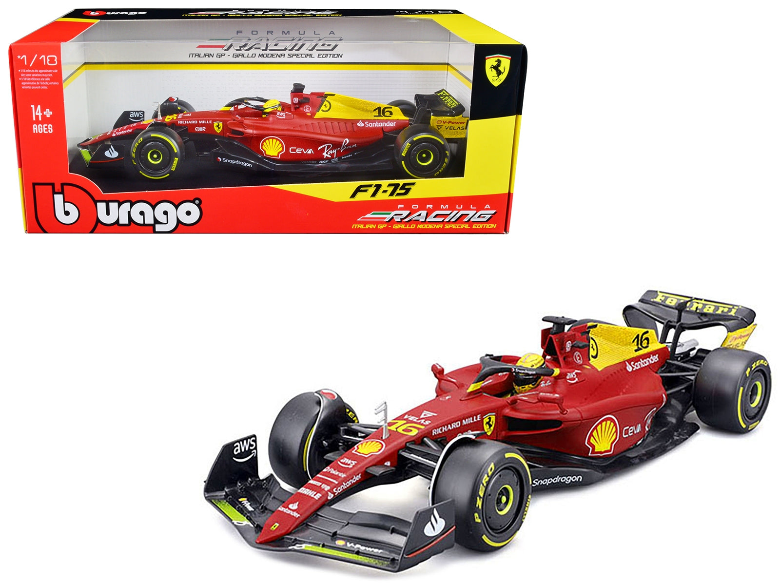 Ferrari F1-75 #16 Charles Leclerc "Giallo Modena" 2nd Place Formula One F1 Italian GP (2022) "Formula Racing" Series 1/18 Diecast Model Car by Bburago Bburago