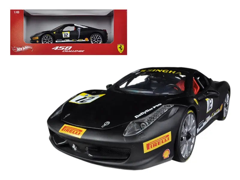 Ferrari 458 Challenge Matt Black #12 1/18 Diecast Car Model by Hot Wheels Hotwheels