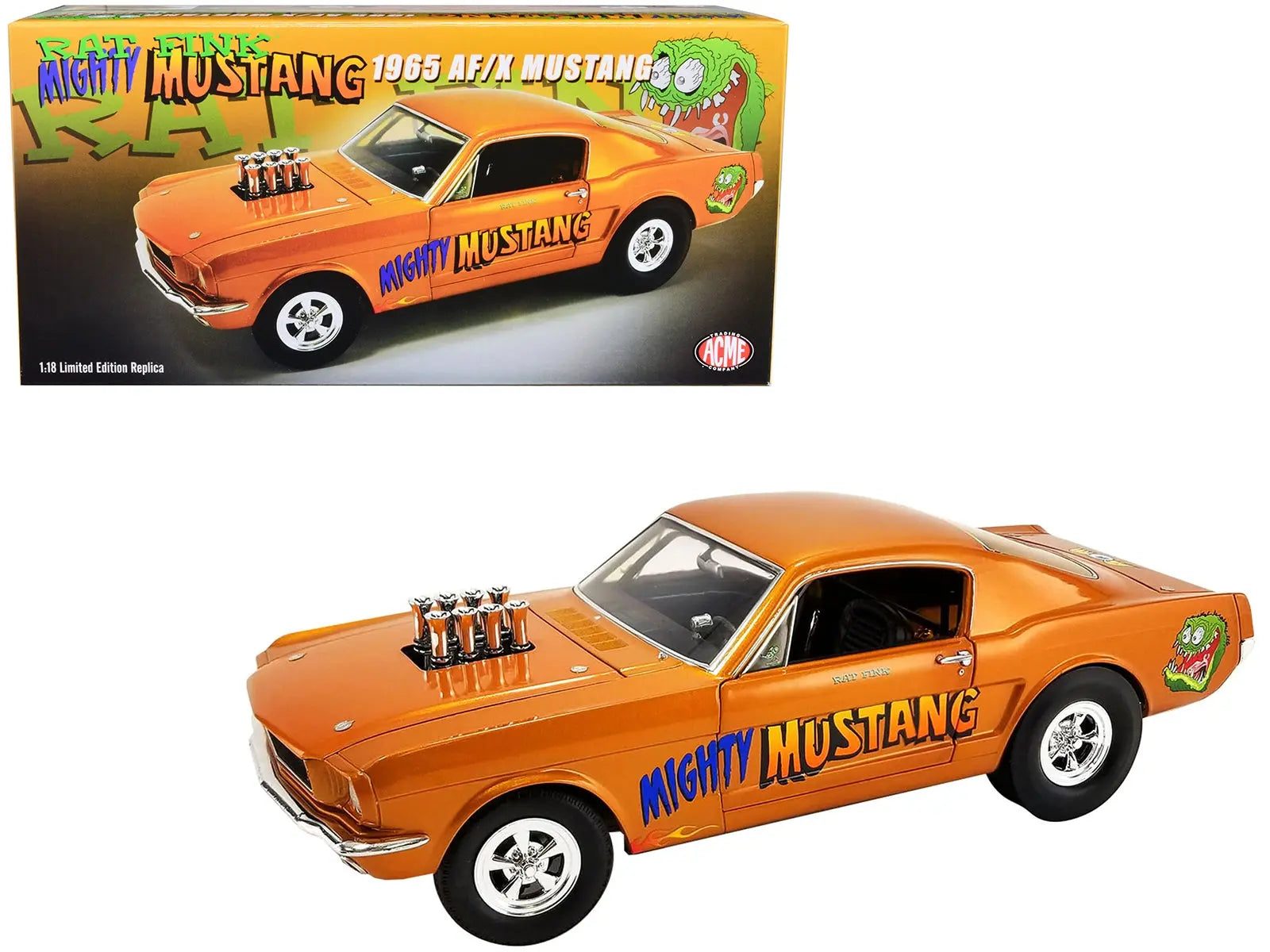 1965 Ford Mustang A/FX Orange Metallic "Rat Fink Mighty Mustang" Limited Edition to 1122 pieces Worldwide 1/18 Diecast Model Car by ACME Acme