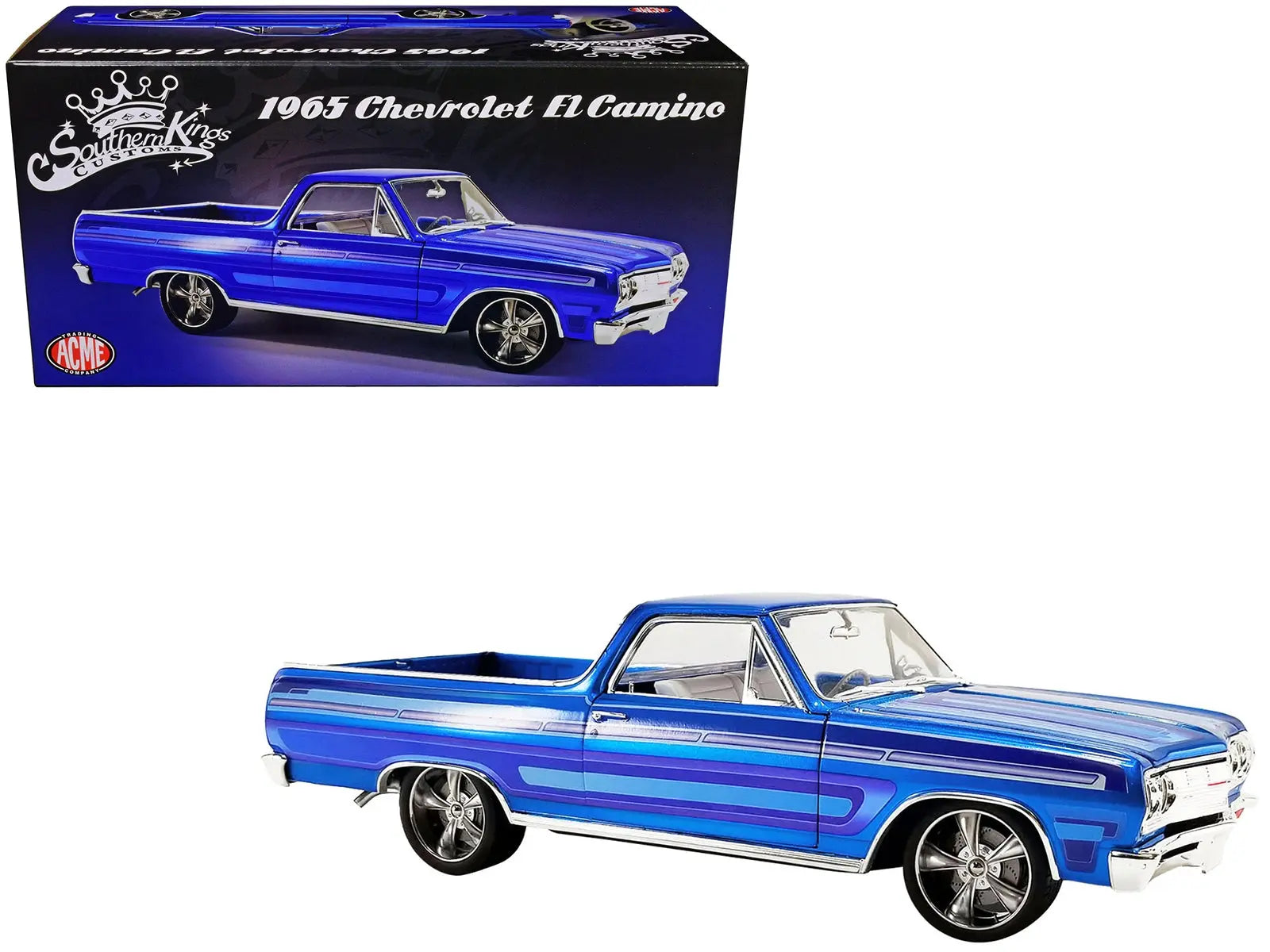 1965 Chevrolet El Camino Custom Laser Blue Metallic with Graphics "Southern Kings Customs" Limited Edition to 222 pieces Worldwide 1/18 Diecast Model Car by ACME Acme
