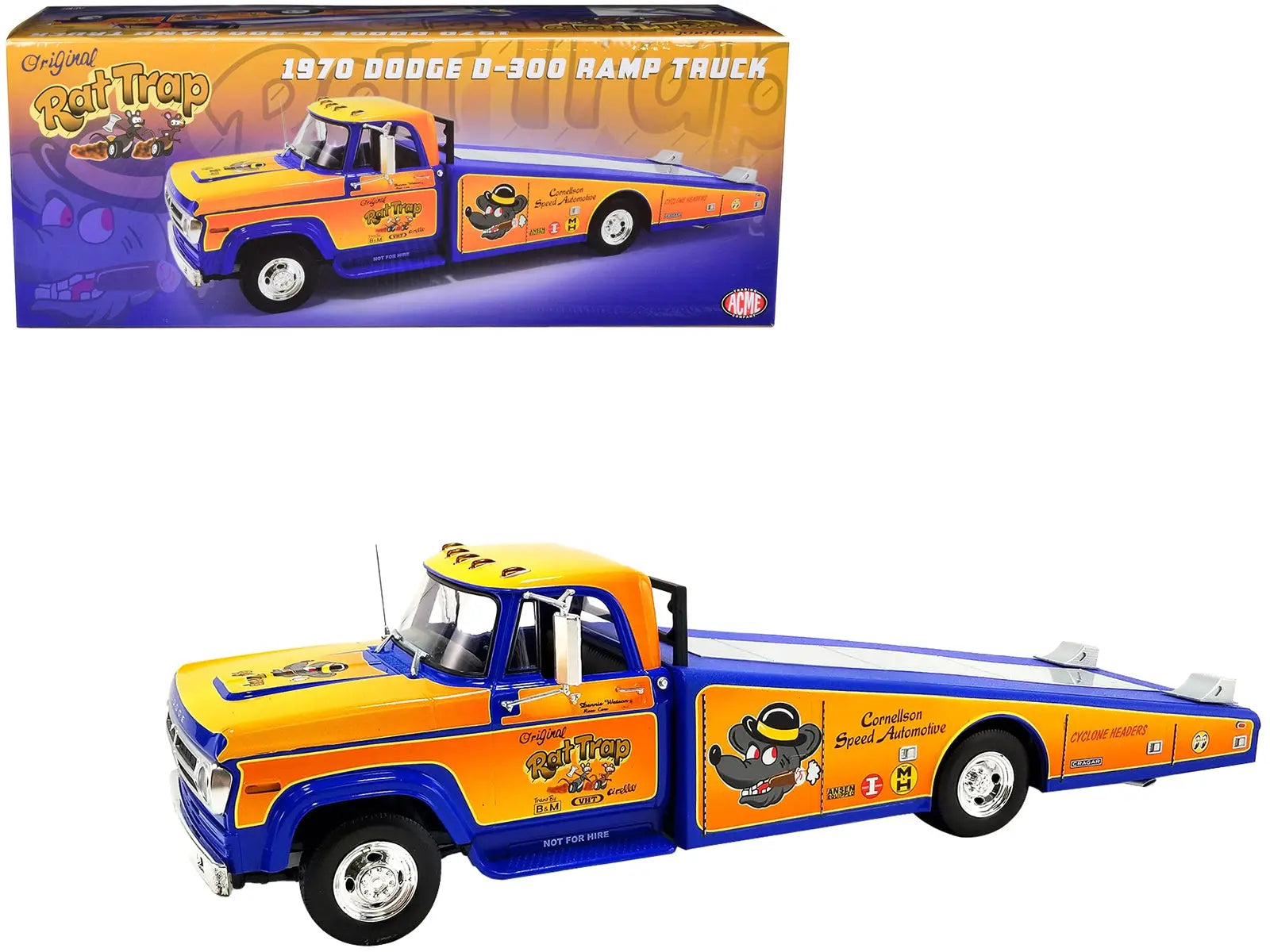 1970 Dodge D-300 Ramp Truck Orange and Blue with Graphics "The Original Rat Trap" Limited Edition to 332 pieces Worldwide 1/18 Diecast Model Car by ACME Acme