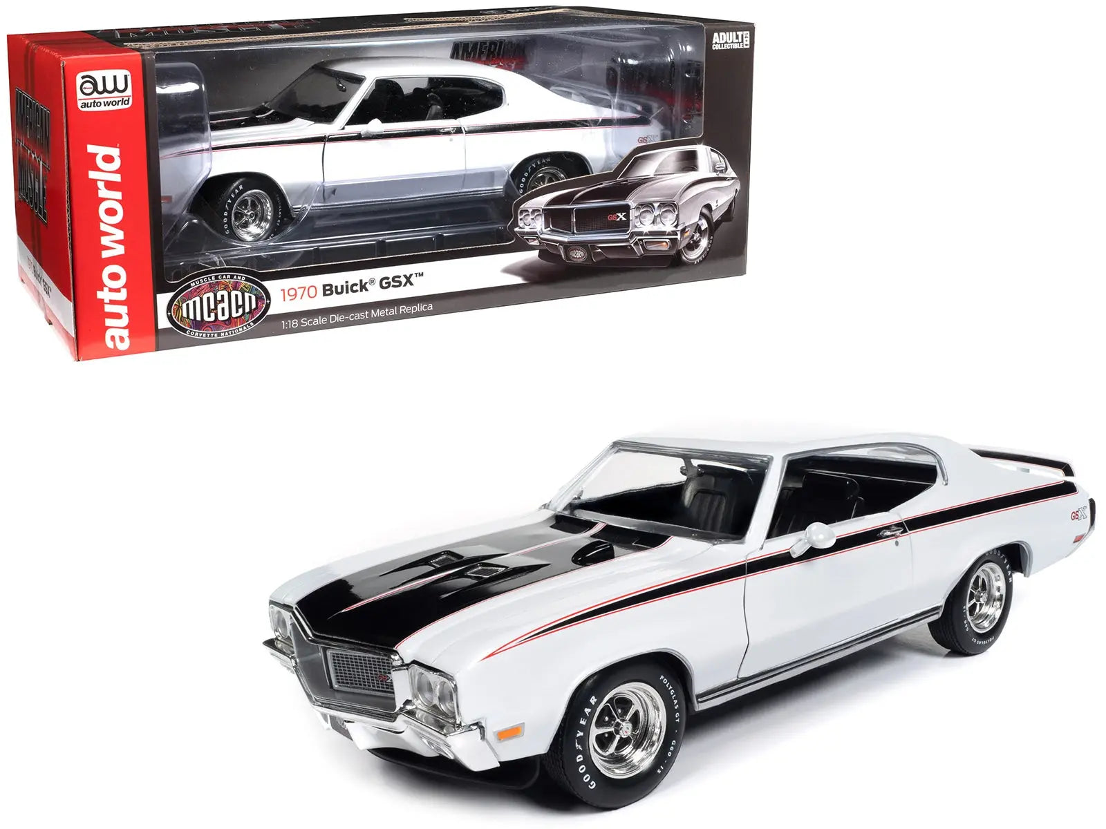 1970 Buick GSX Apollo White with Black and Red Stripes "Muscle Car & Corvette Nationals" (MCACN) "American Muscle" Series 1/18 Diecast Model Car by Auto World Autoworld