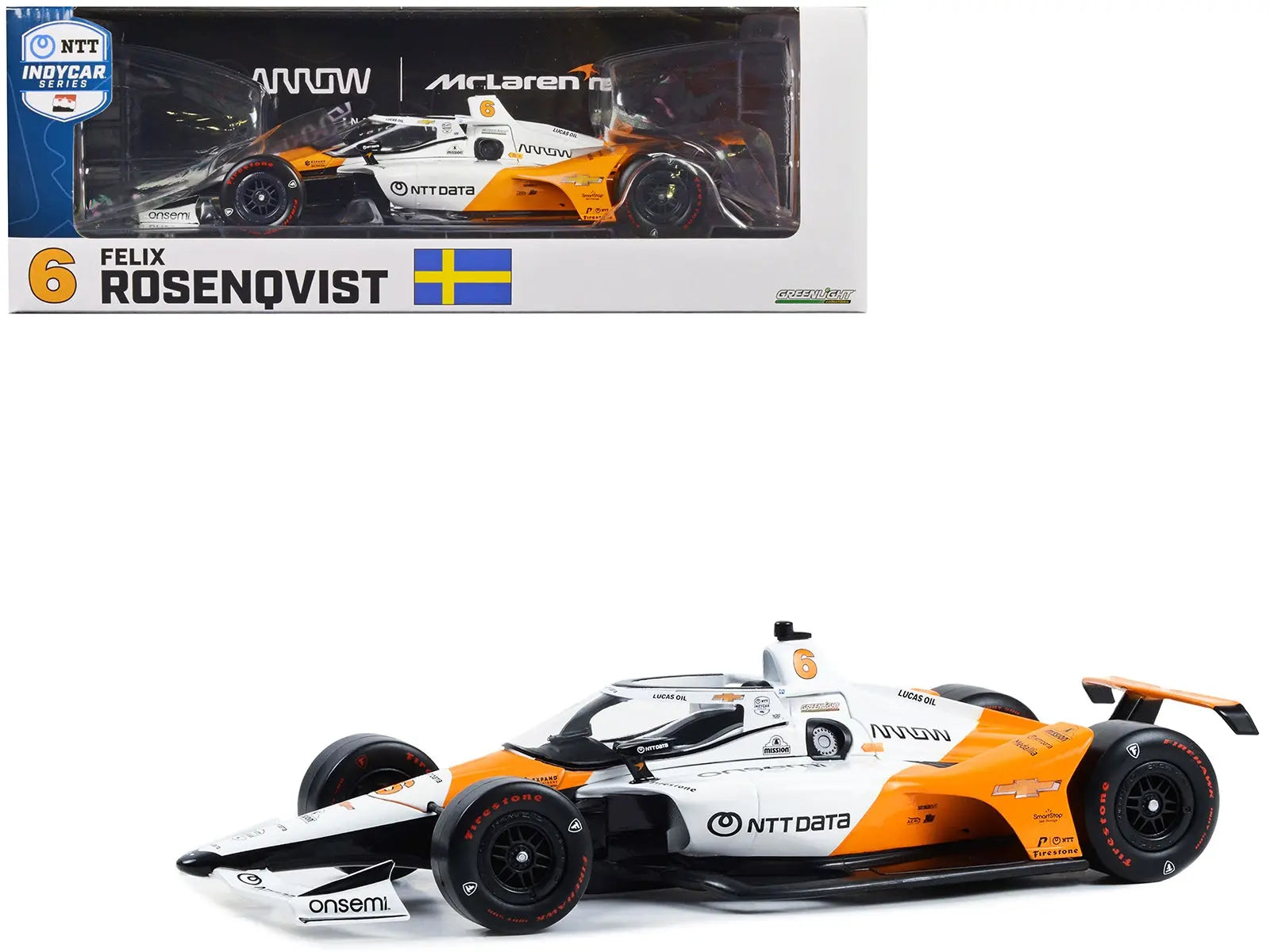 Dallara IndyCar #6 Felix Rosenqvist "NTT DATA" Arrow McLaren "60th Anniversary Triple Crown Accolade Indianapolis 500 Livery" "NTT IndyCar Series" (2023) 1/18 Diecast Model Car by Greenlight Greenlight