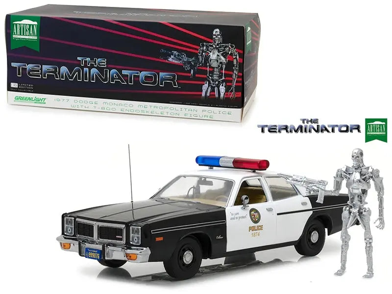 1977 Dodge Monaco Metropolitan Police with T-800 Endoskeleton Figurine "The Terminator" (1984) Movie 1/18 Diecast Model Car by Greenlight Greenlight