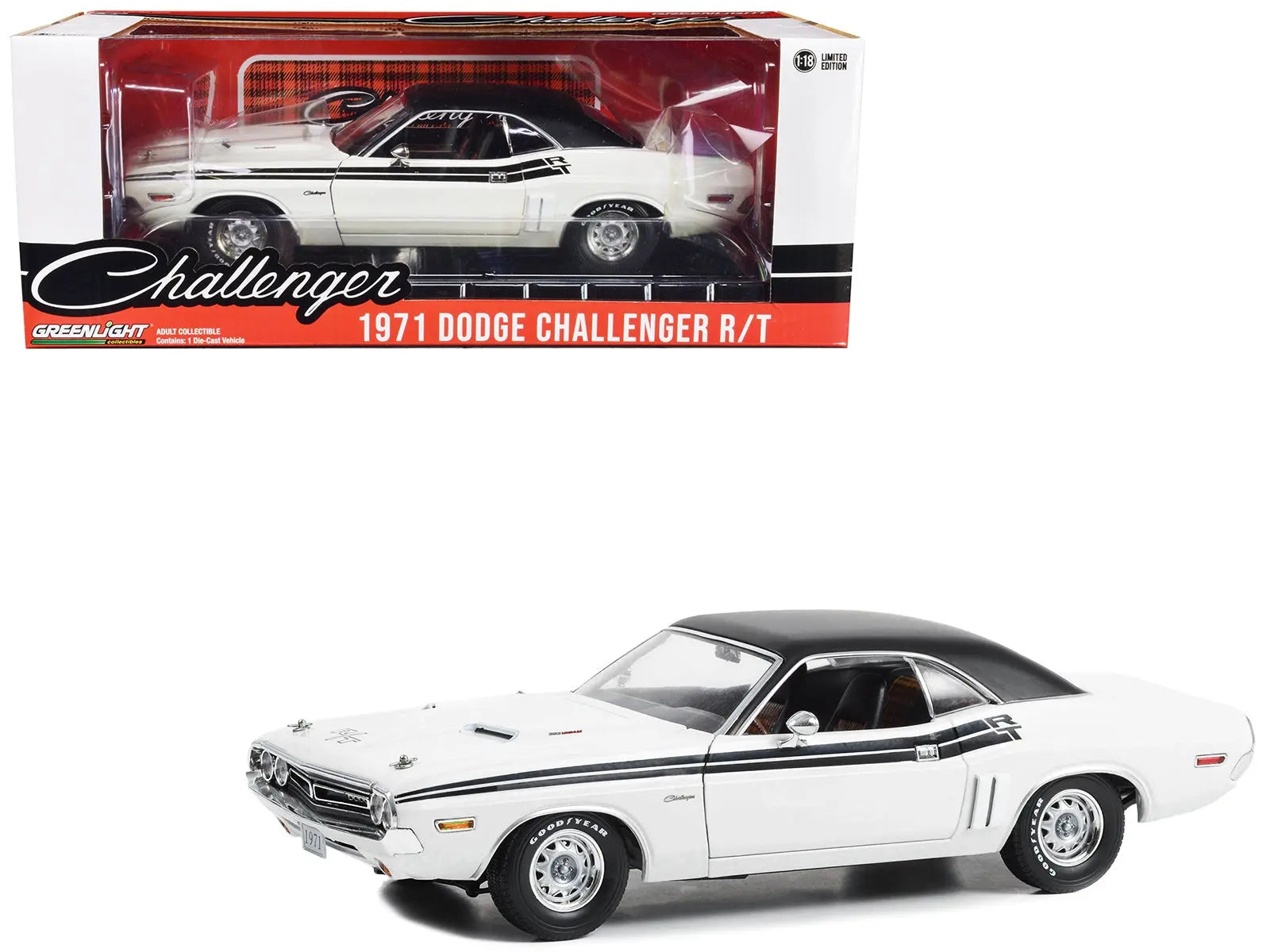 1971 Dodge Challenger R/T Bright White with Black Stripes and Top 1/18 Diecast Model Car by Greenlight Greenlight