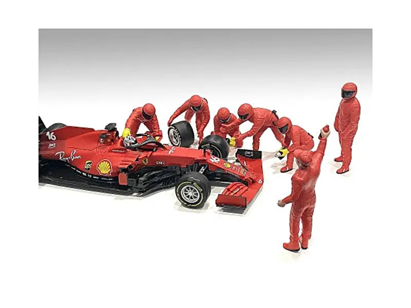 Formula One F1 Pit Crew 7 Figure Set Team Red Release III for 1/18 Scale Models by American Diorama American Diorama