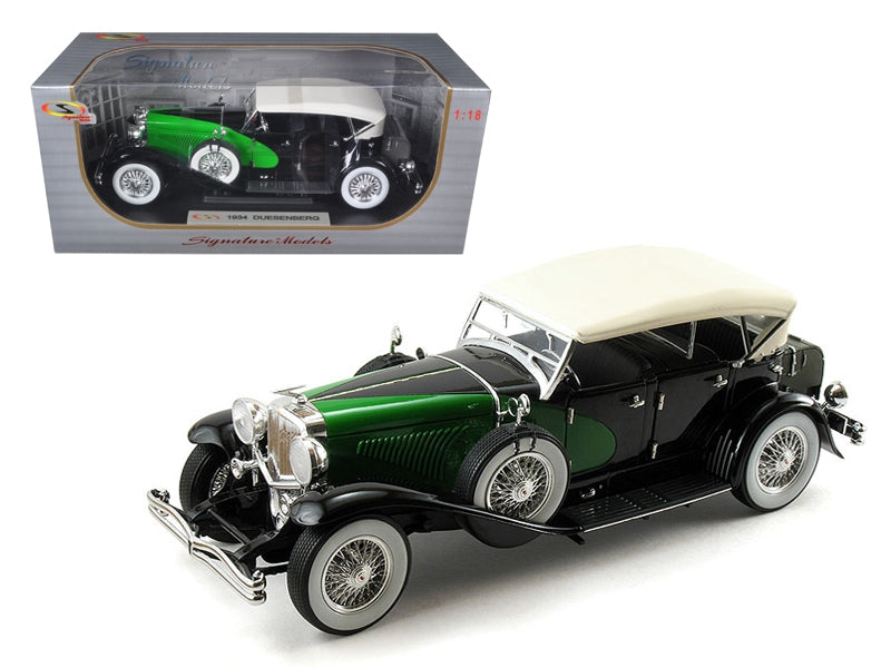 1934 Duesenberg Model J Black and Green with Cream Top 1/18 Diecast Model Car by Signature Models Signature Models