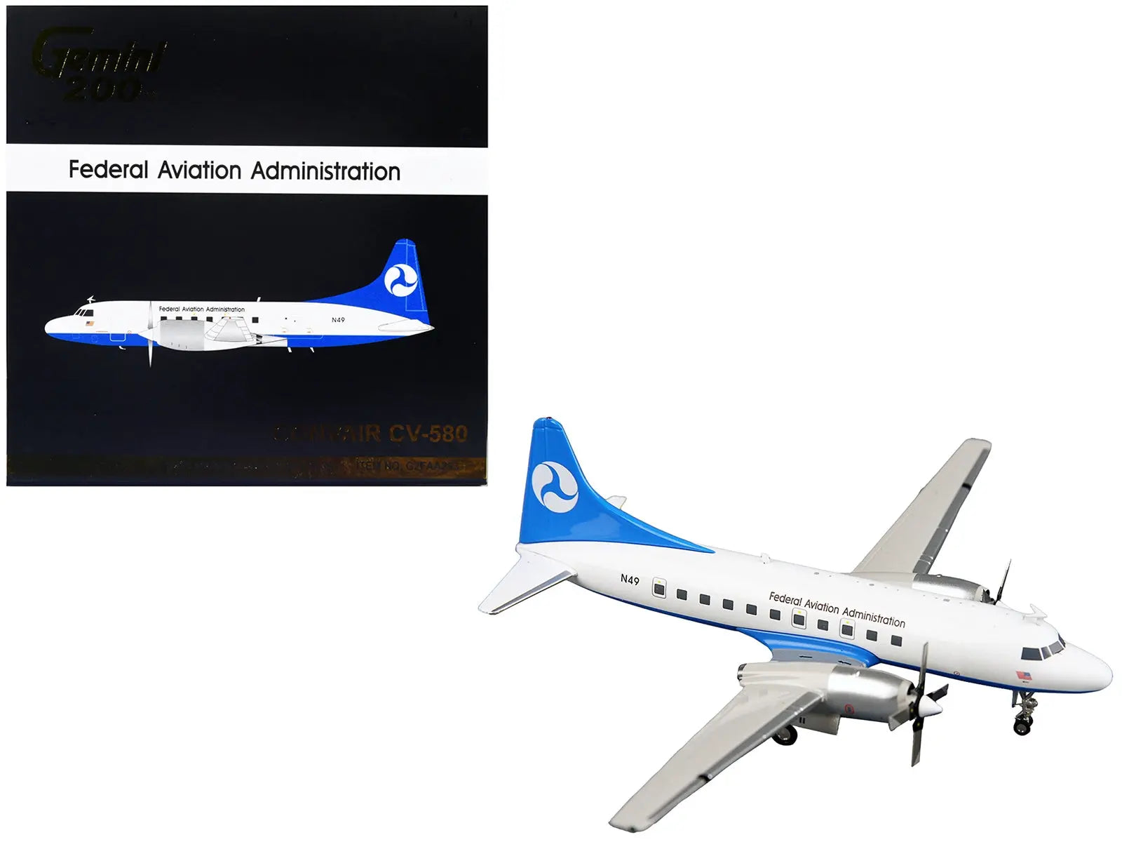 Convair CV-580 Commercial Aircraft "Federal Aviation Administration" White with Blue Tail "Gemini 200" Series 1/200 Diecast Model Airplane by GeminiJets GeminiJets