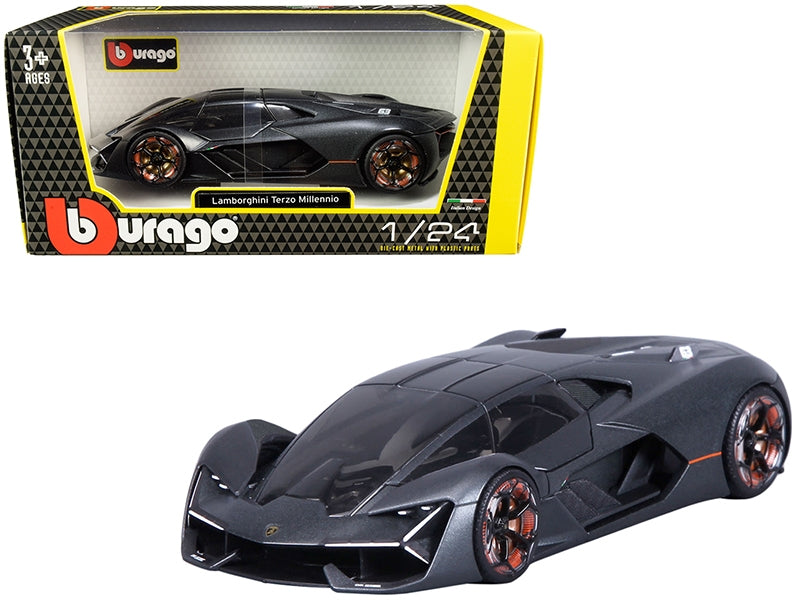 Lamborghini Terzo Millennio Dark Gray Metallic with Black Top and Carbon Accents 1/24 Diecast Model Car by Bburago Bburago