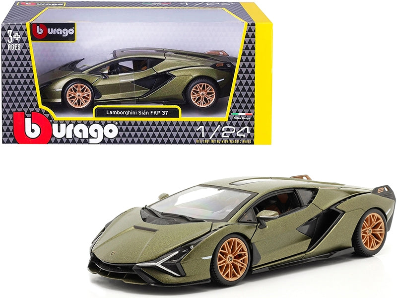 Lamborghini Sian FKP 37 Matt Green Metallic with Copper Wheels 1/24 Diecast Model Car by Bburago Bburago