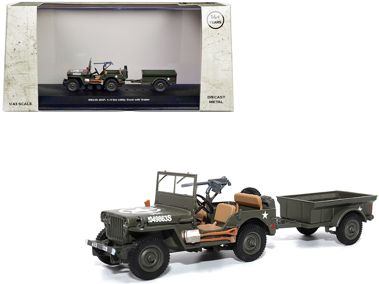 Willys Jeep 1/4-Ton Utility Truck Olive Drab with Trailer "United States Army" 1/43 Diecast Model by Militaria Die Cast Militaria Die Cast