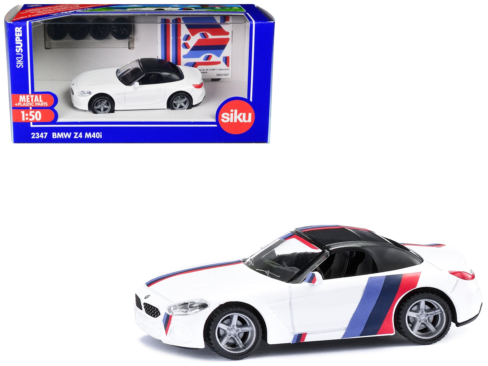 BMW Z4 M40i Cabriolet White with Black Top with Extra Wheels and Decals 1/50 Diecast Model by Siku SIKU