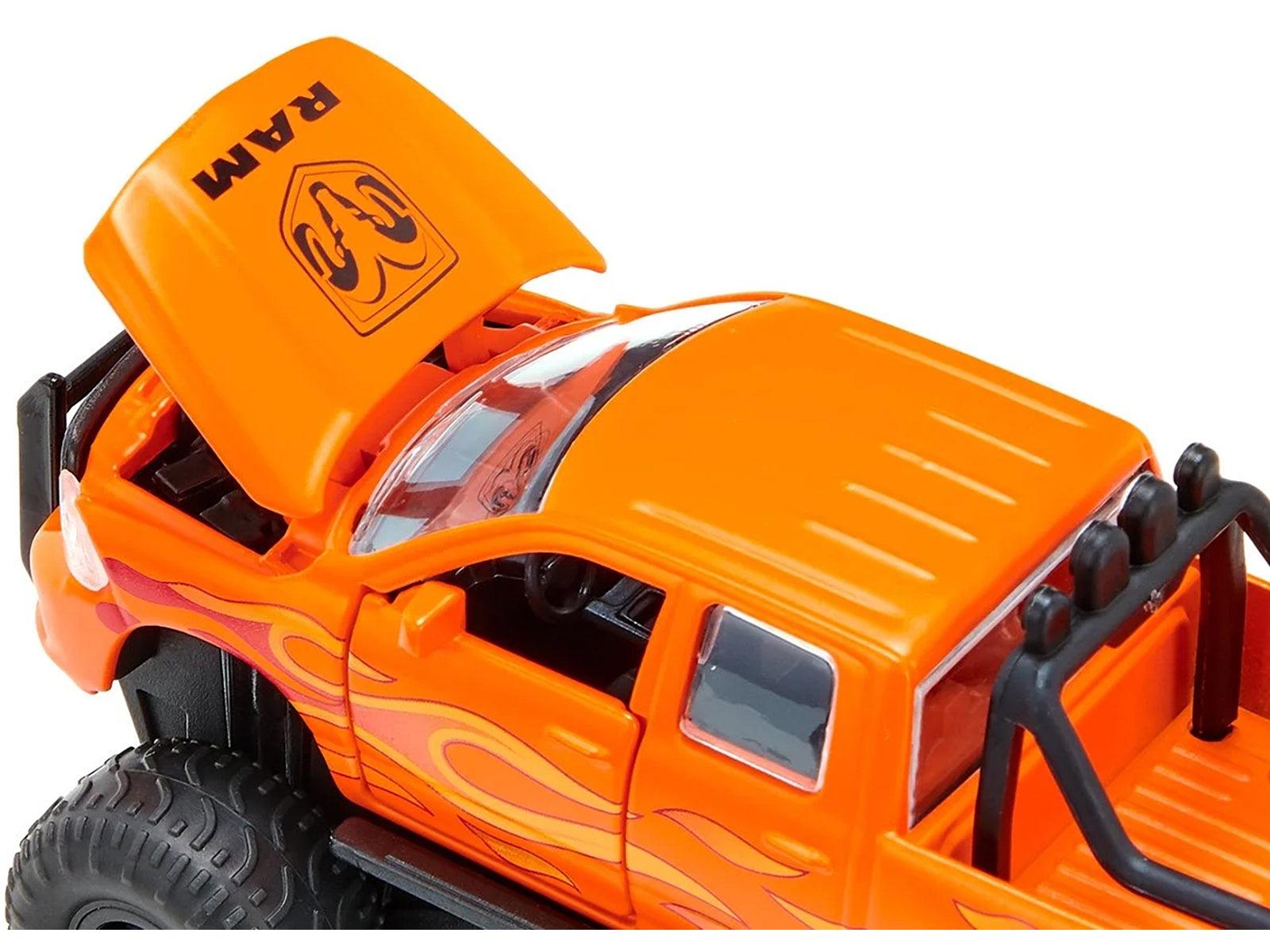 Ram 1500 Pickup Truck Lifted with Balloon Tires Orange with Flames 1/50 Diecast Model by Siku SIKU