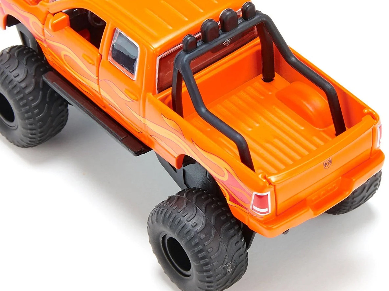 Ram 1500 Pickup Truck Lifted with Balloon Tires Orange with Flames 1/50 Diecast Model by Siku SIKU