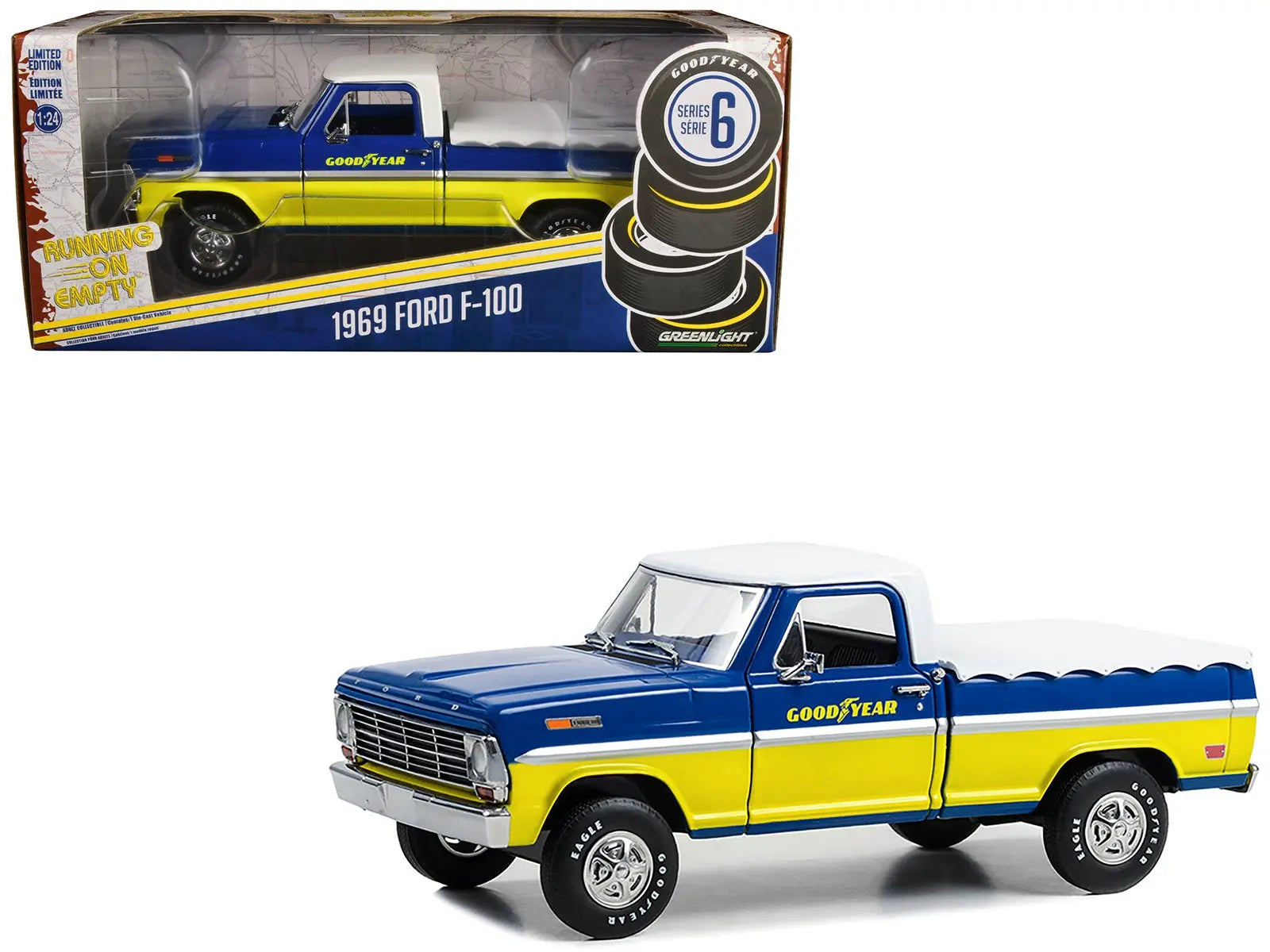 1969 Ford F-100 Pickup Truck Blue and Yellow with White Top and Bed Cover "Goodyear Tires" "Running on Empty" Series 6 1/24 Diecast Model Car by Greenlight Greenlight