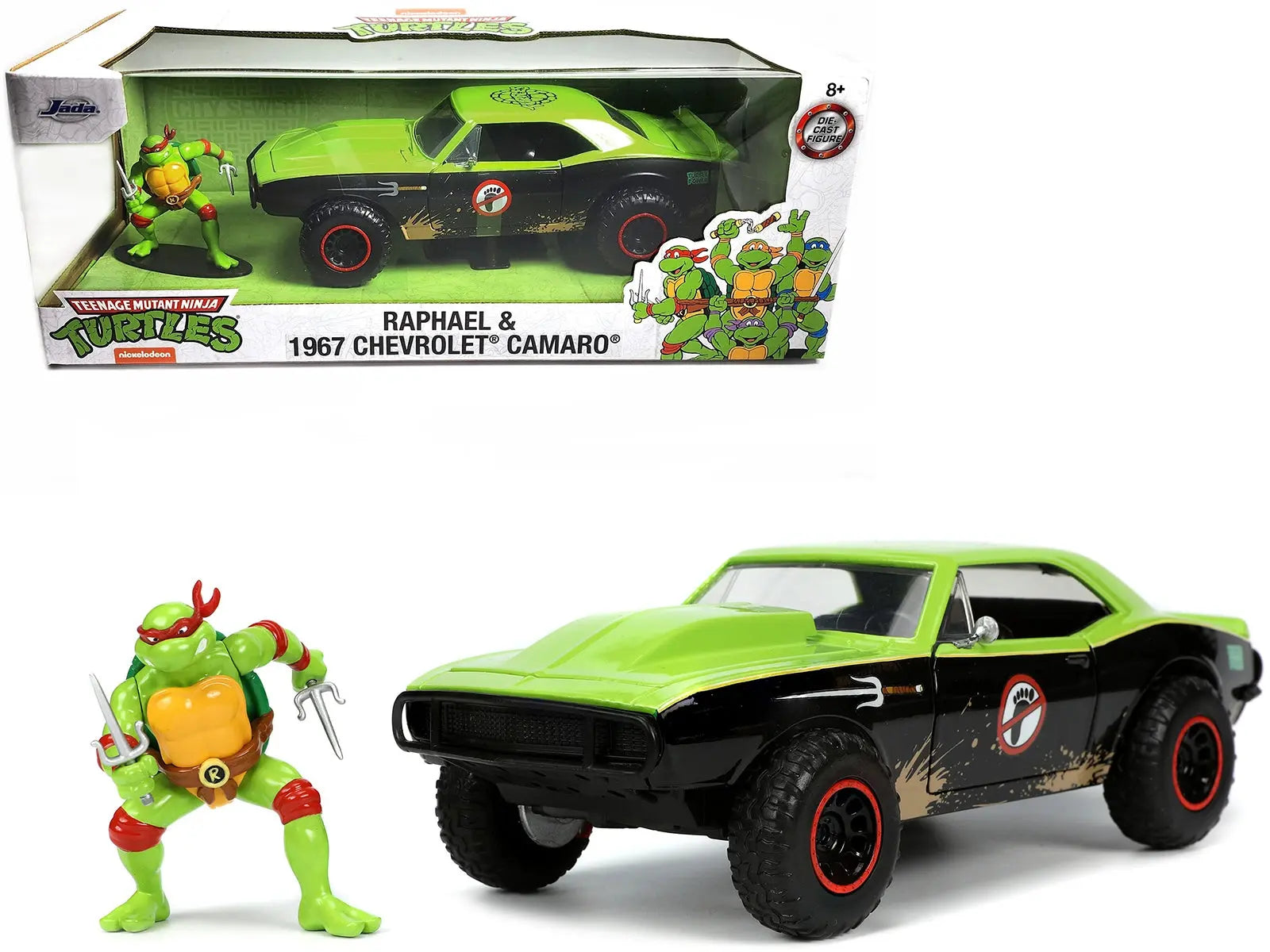 1967 Chevrolet Camaro Offroad Bright Green and Matt Black (Dirty Version) and Raphael Diecast Figure "Teenage Mutant Ninja Turtles" "Hollywood Rides" Series 1/24 Diecast Model Car by Jada Jada