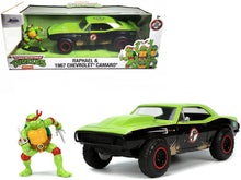 Load image into Gallery viewer, 1967 Chevrolet Camaro Offroad Bright Green and Matt Black (Dirty Version) and Raphael Diecast Figure &quot;Teenage Mutant Ninja Turtles&quot; &quot;Hollywood Rides&quot; Series 1/24 Diecast Model Car by Jada Jada
