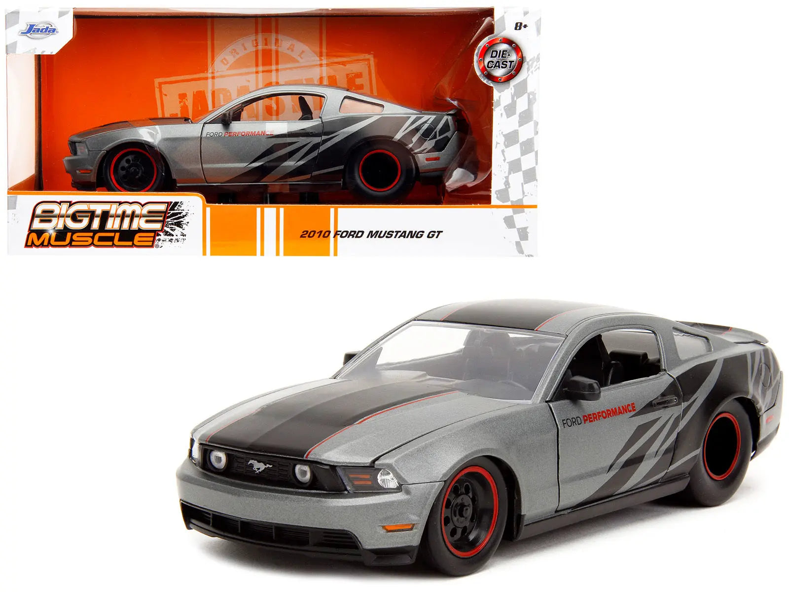 2010 Ford Mustang GT Matt Gray Metallic with Black Graphics and Stripes "Ford Performance" "Bigtime Muscle" Series 1/24 Diecast Model Car by Jada Jada