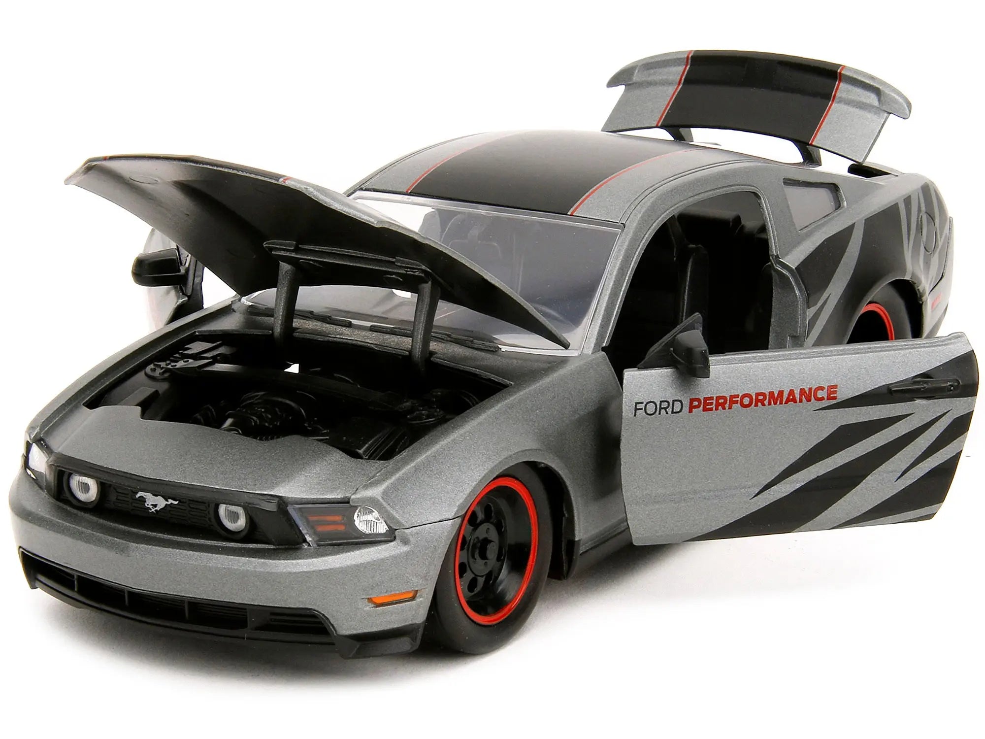 2010 Ford Mustang GT Matt Gray Metallic with Black Graphics and Stripes "Ford Performance" "Bigtime Muscle" Series 1/24 Diecast Model Car by Jada Jada