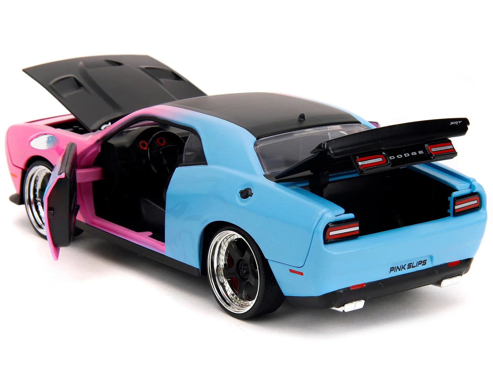 2015 Dodge Challenger SRT Hellcat Pink and Blue Gradient with Matt Black Hood and Top "Pink Slips" Series 1/24 Diecast Model Car by Jada Jada