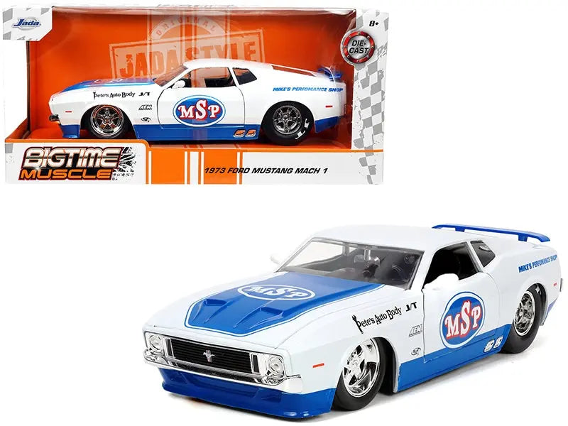 1973 Ford Mustang Mach 1 "MSP" White Metallic and Blue "Bigtime Muscle" Series 1/24 Diecast Model Car by Jada Jada